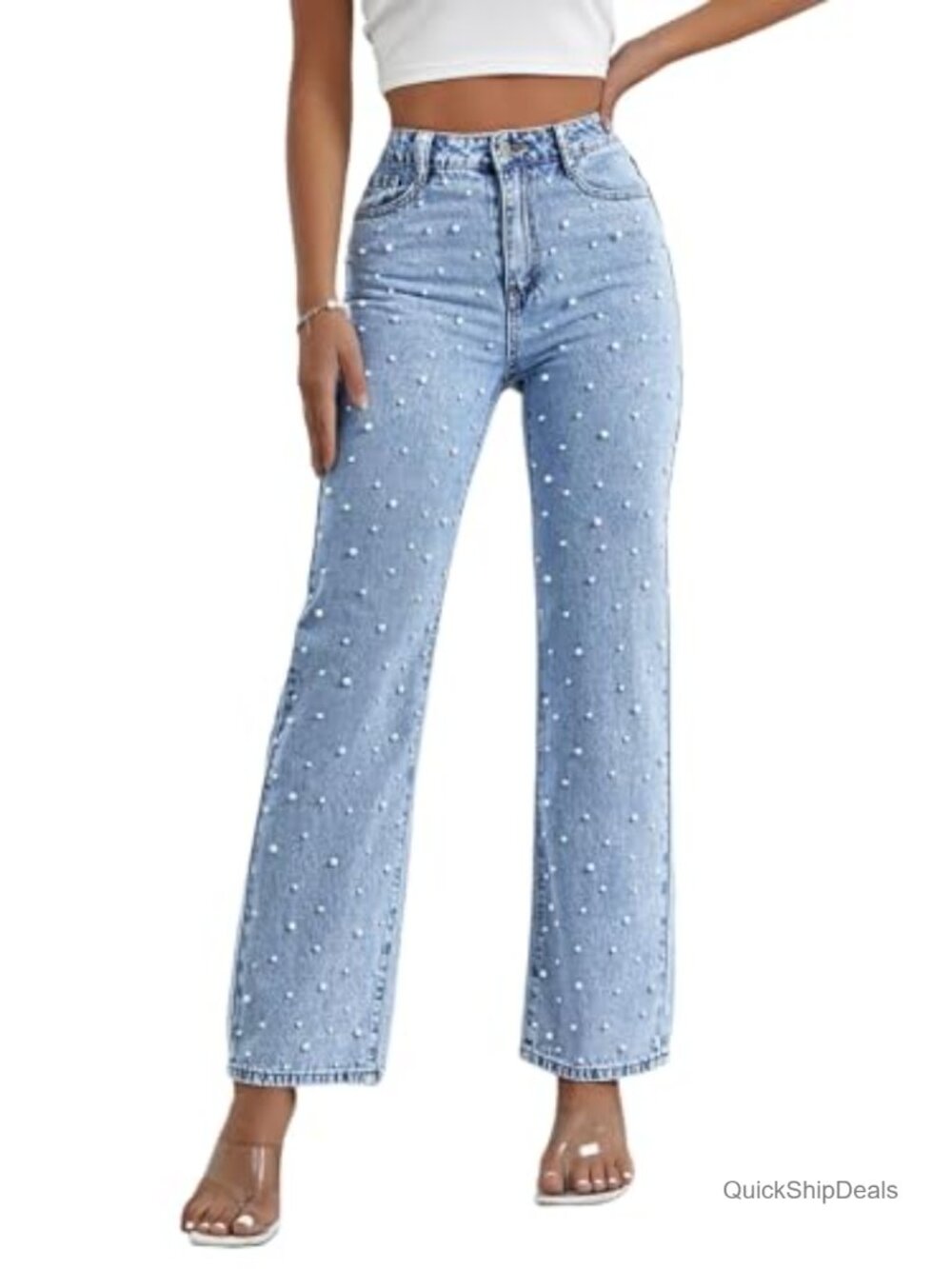 High Waisted Straight Leg Jeans Faux Pearl Beaded Denim Pants